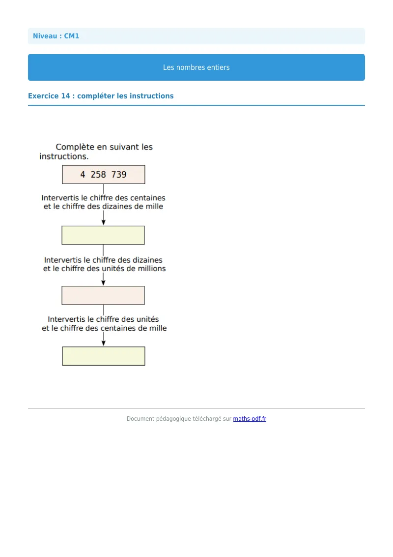 Les nombres entiers : exercice n°14 de maths en CM1 corrigé en PDF