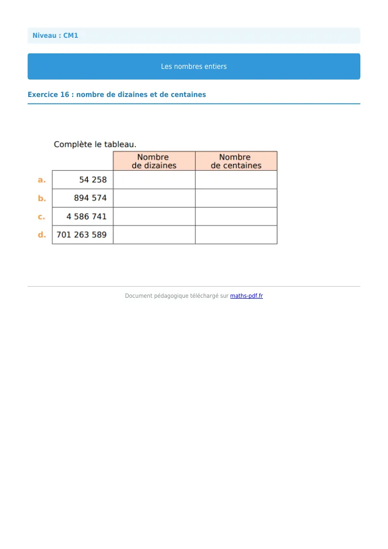 Les nombres entiers : exercice n°16 de maths en CM1 corrigé en PDF