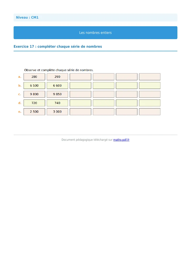 Les nombres entiers : exercice n°17 de maths en CM1 corrigé en PDF