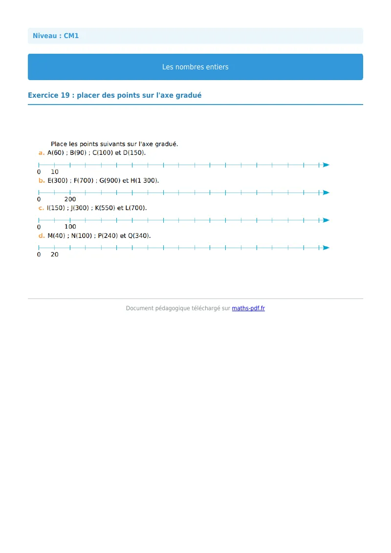 Les nombres entiers : exercice n°19 de maths en CM1 corrigé en PDF