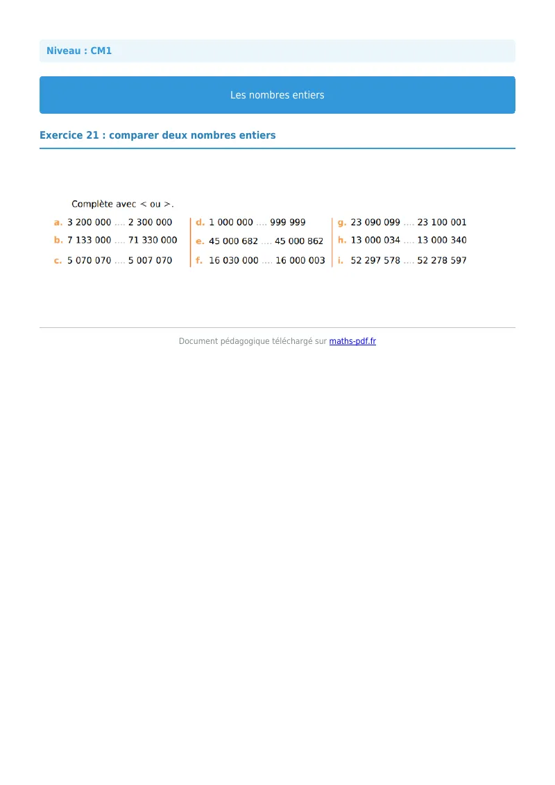 Les nombres entiers : exercice n°21 de maths en CM1 corrigé en PDF