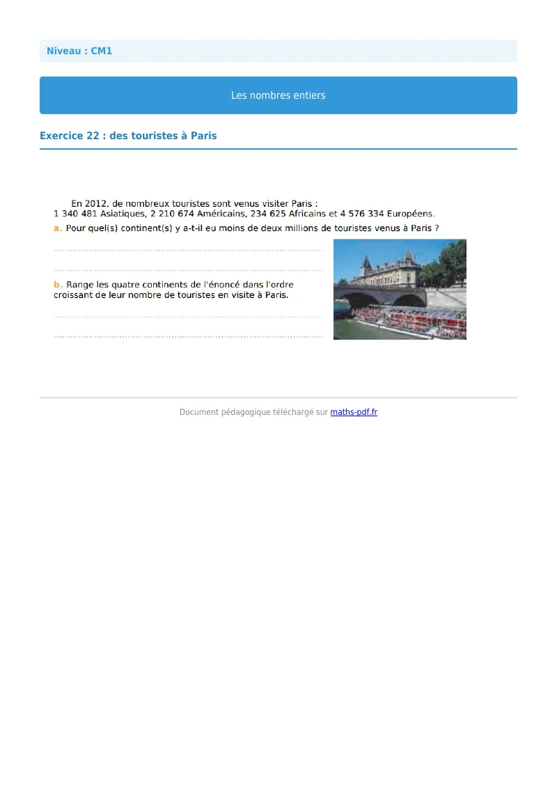 Les nombres entiers : exercice n°22 de maths en CM1 corrigé en PDF