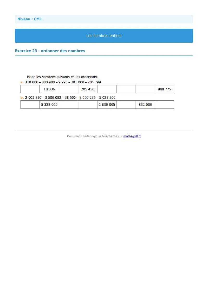 Les nombres entiers : exercice n°23 de maths en CM1 corrigé en PDF