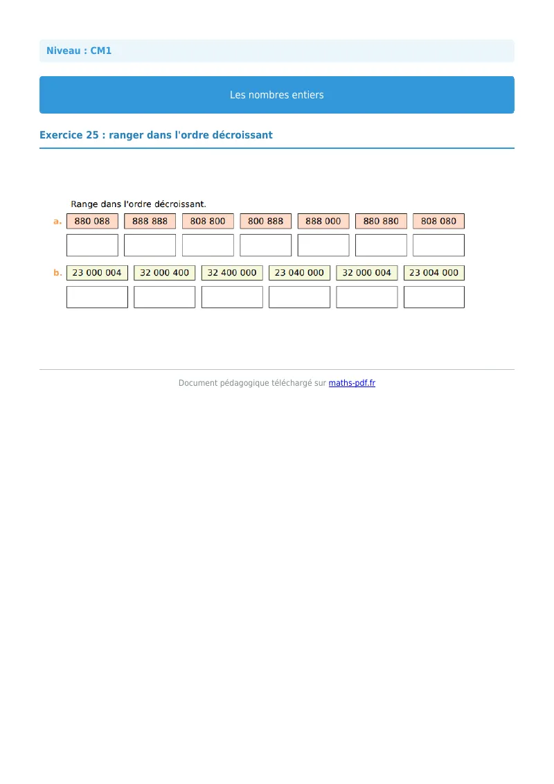 Les nombres entiers : exercice n°25 de maths en CM1 corrigé en PDF