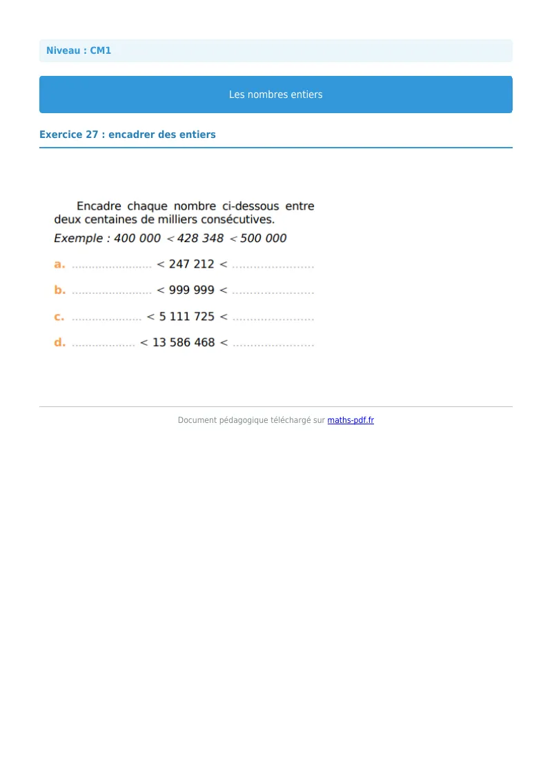 Les nombres entiers : exercice n°27 de maths en CM1 corrigé en PDF