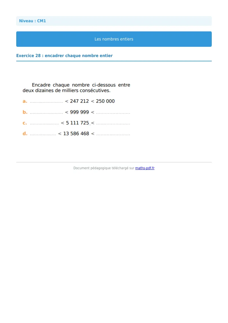 Les nombres entiers : exercice n°28 de maths en CM1 corrigé en PDF
