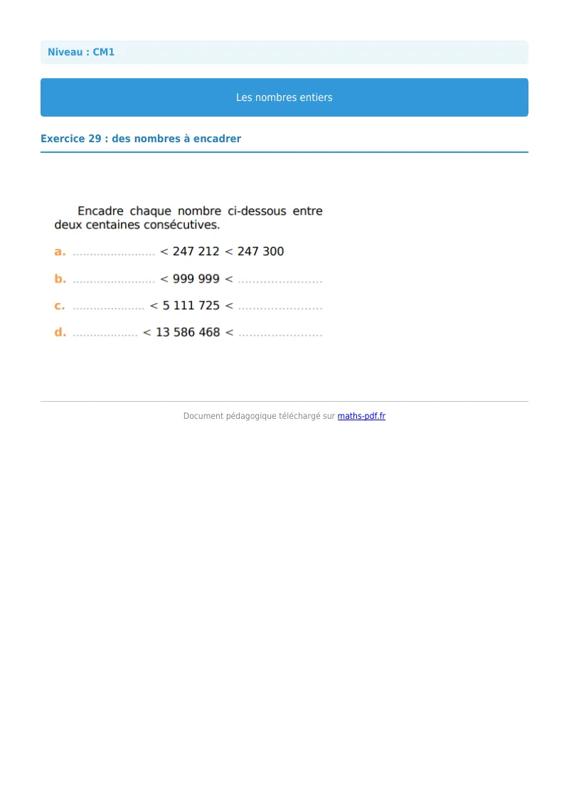 Les nombres entiers : exercice n°29 de maths en CM1 corrigé en PDF