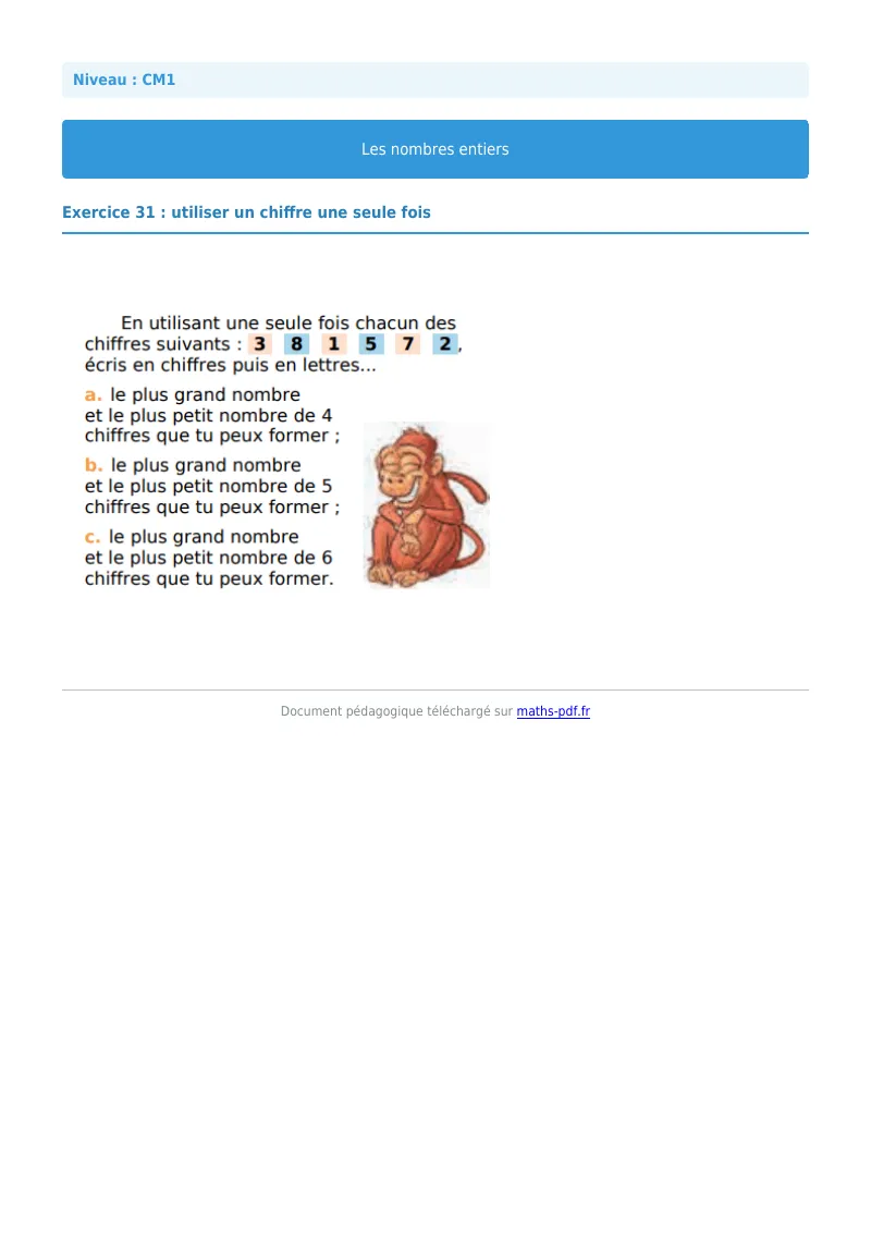 Les nombres entiers : exercice n°31 de maths en CM1 corrigé en PDF