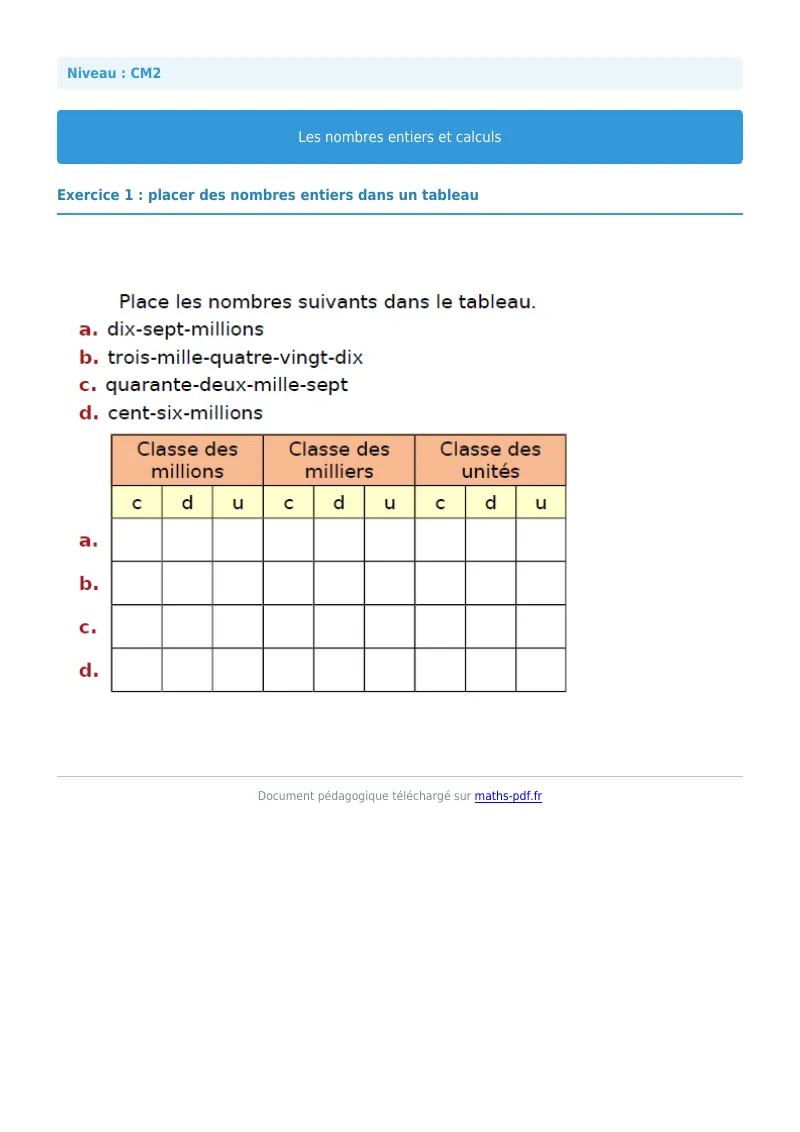 Nombres entiers et calculs : exercice n°1 de maths en CM2 corrigé en PDF