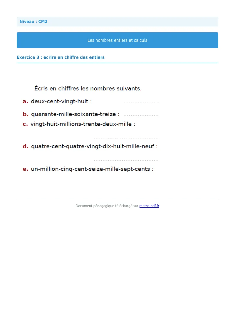 Nombres entiers et calculs : exercice n°3 de maths en CM2 corrigé en PDF
