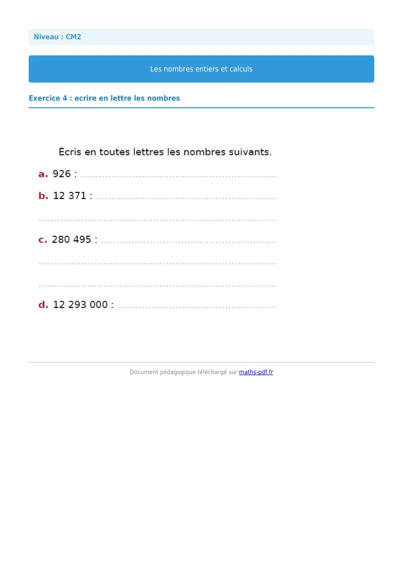 Nombres entiers et calculs : exercice n°4 de maths en CM2 corrigé en PDF