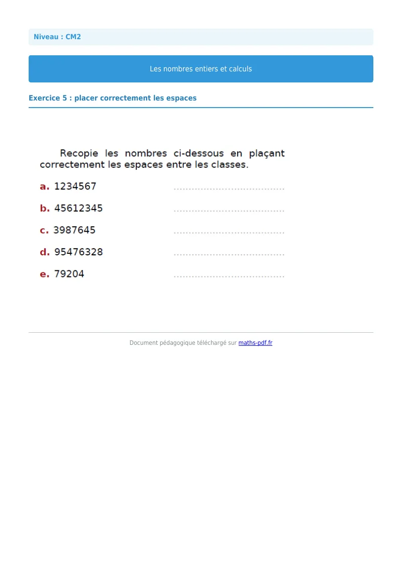 Nombres entiers et calculs : exercice n°5 de maths en CM2 corrigé en PDF