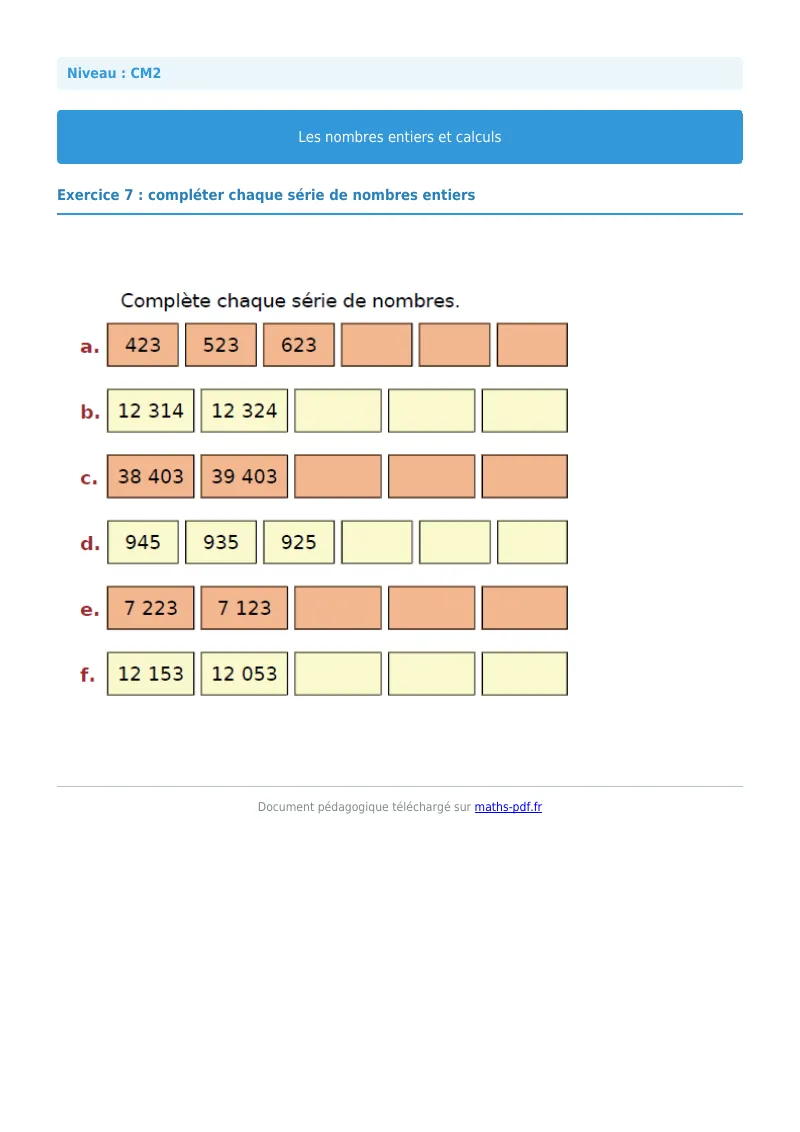 Nombres entiers et calculs : exercice n°7 de maths en CM2 corrigé en PDF