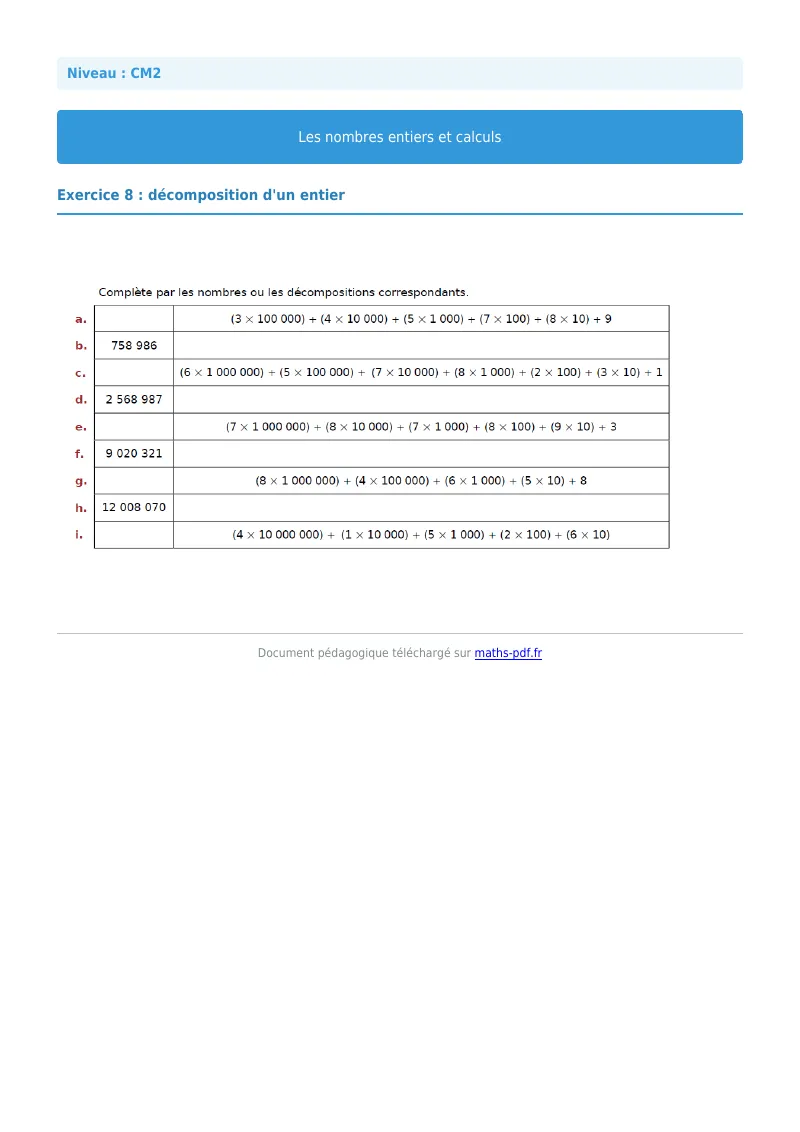 Nombres entiers et calculs : exercice n°8 de maths en CM2 corrigé en PDF