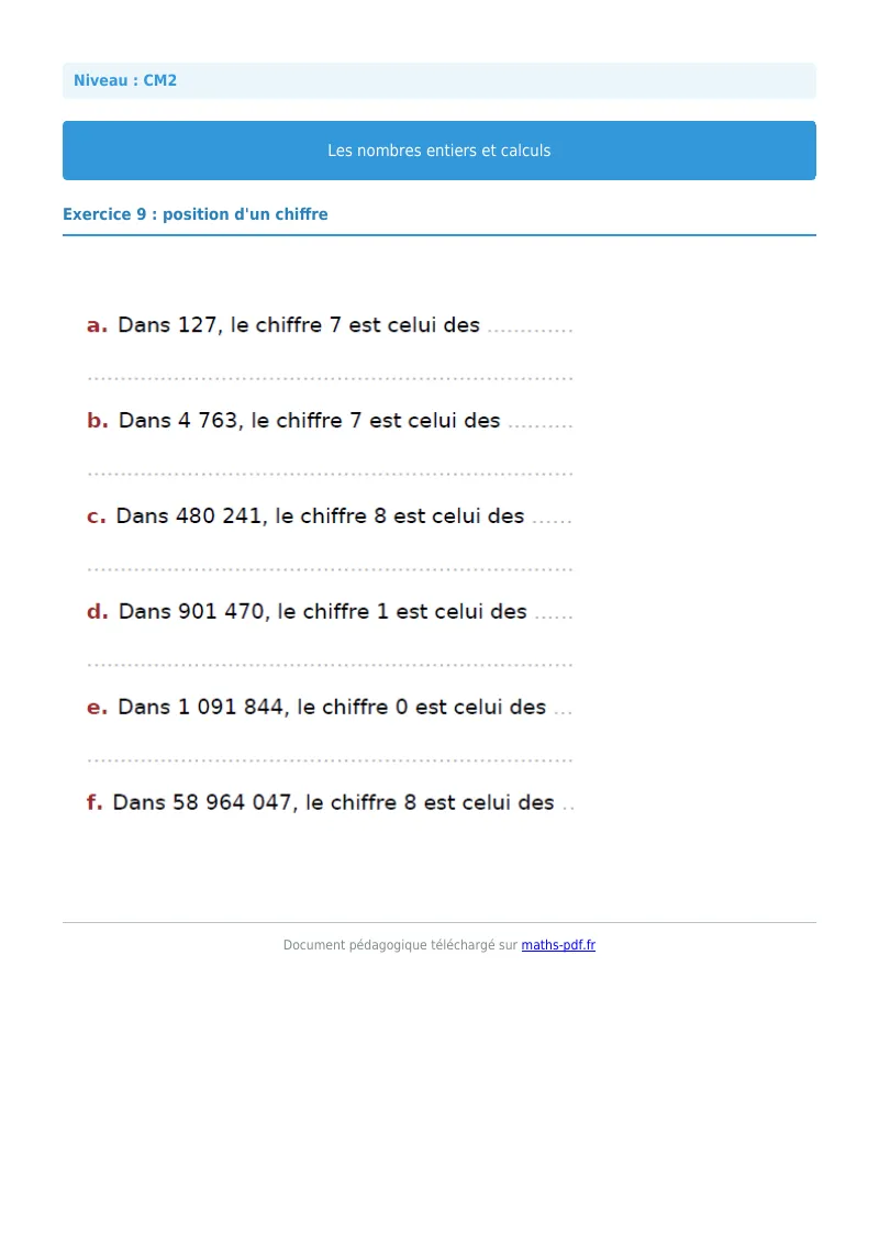 Nombres entiers et calculs : exercice n°9 de maths en CM2 corrigé en PDF
