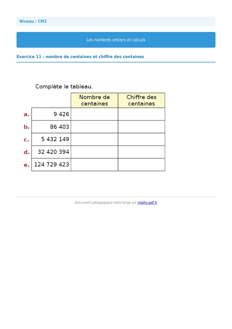 Nombres entiers et calculs : exercice n°11 de maths en CM2 corrigé en PDF