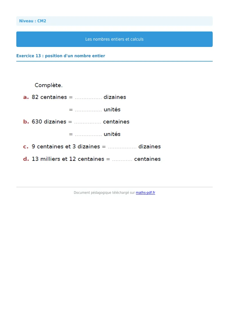 Nombres entiers et calculs : exercice n°13 de maths en CM2 corrigé en PDF