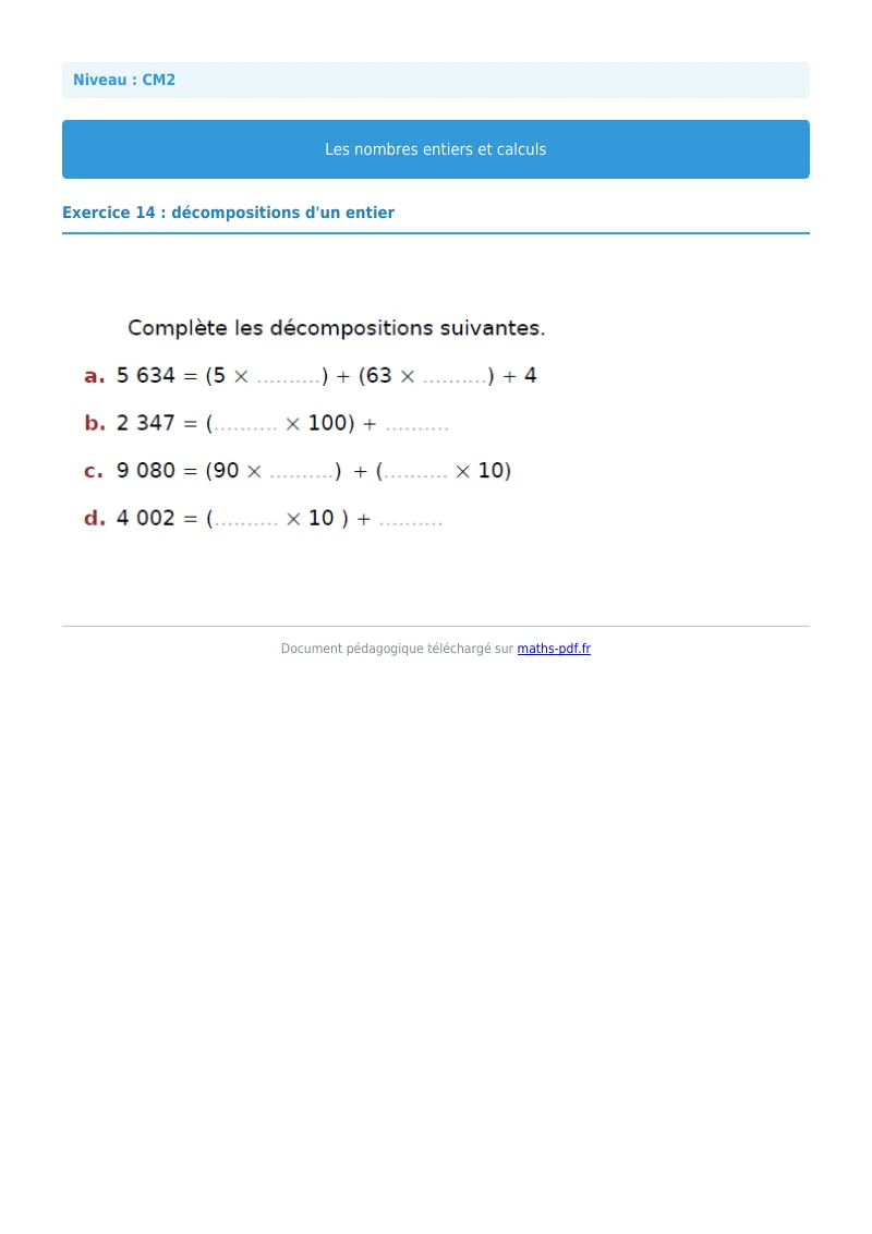 Nombres entiers et calculs : exercice n°14 de maths en CM2 corrigé en PDF