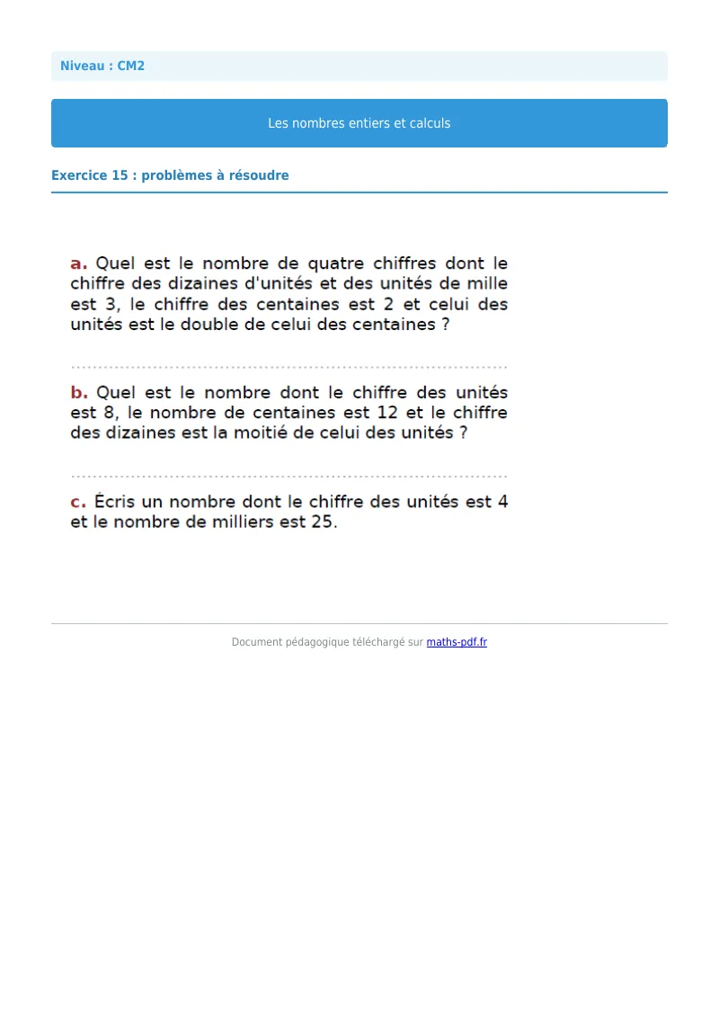 Nombres entiers et calculs : exercice n°15 de maths en CM2 corrigé en PDF