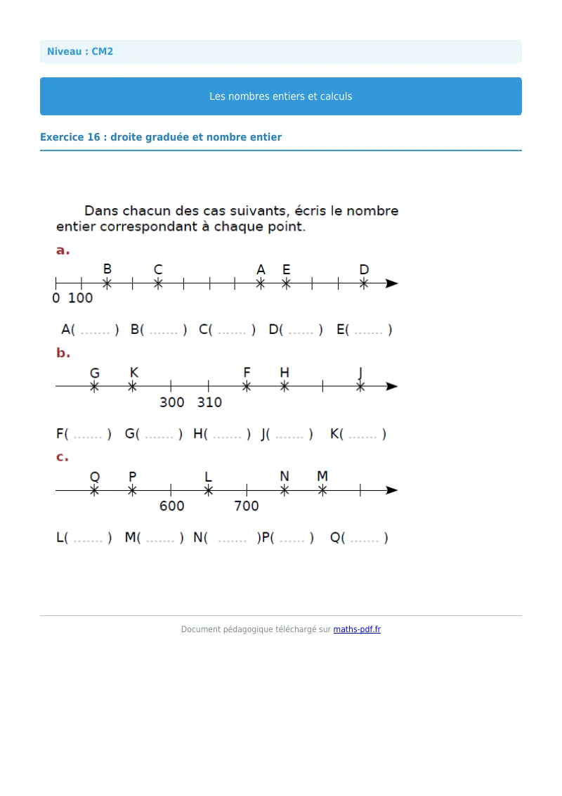 Nombres entiers et calculs : exercice n°16 de maths en CM2 corrigé en PDF