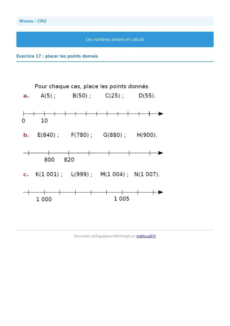 Nombres entiers et calculs : exercice n°17 de maths en CM2 corrigé en PDF