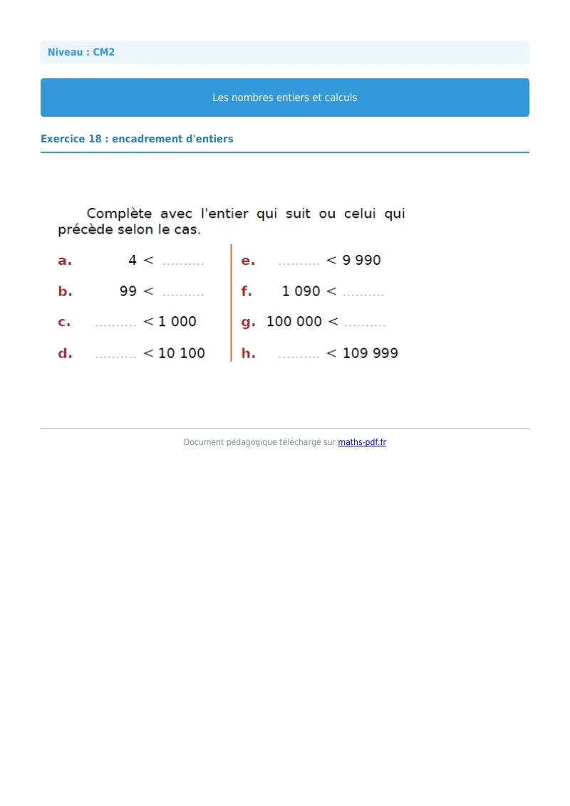 Nombres entiers et calculs : exercice n°18 de maths en CM2 corrigé en PDF
