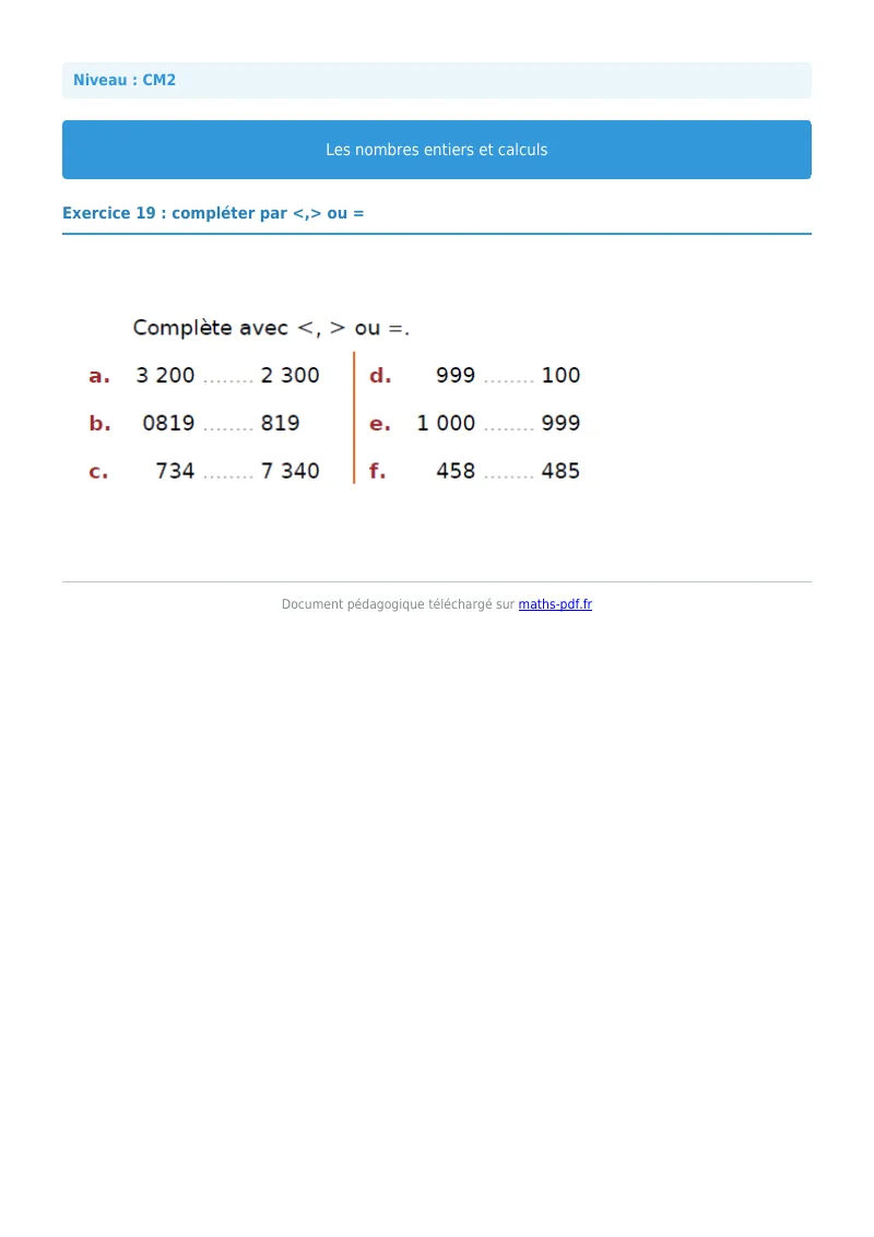Nombres entiers et calculs : exercice n°19 de maths en CM2 corrigé en PDF