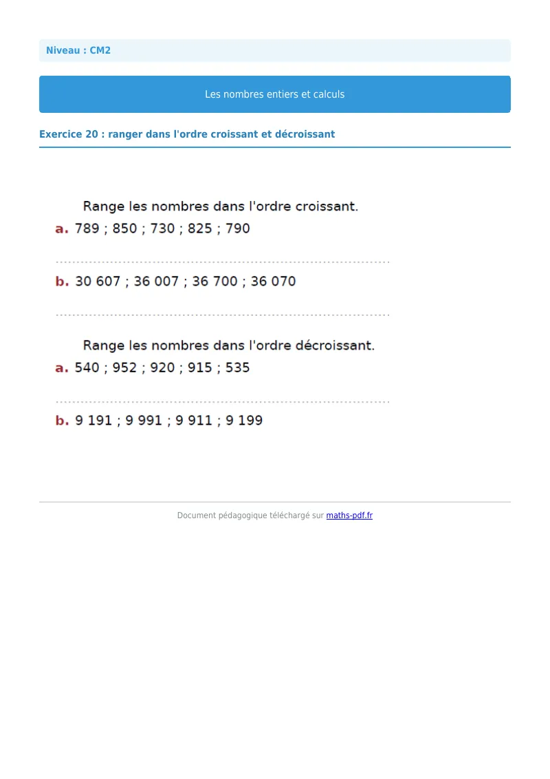Nombres entiers et calculs : exercice n°20 de maths en CM2 corrigé en PDF