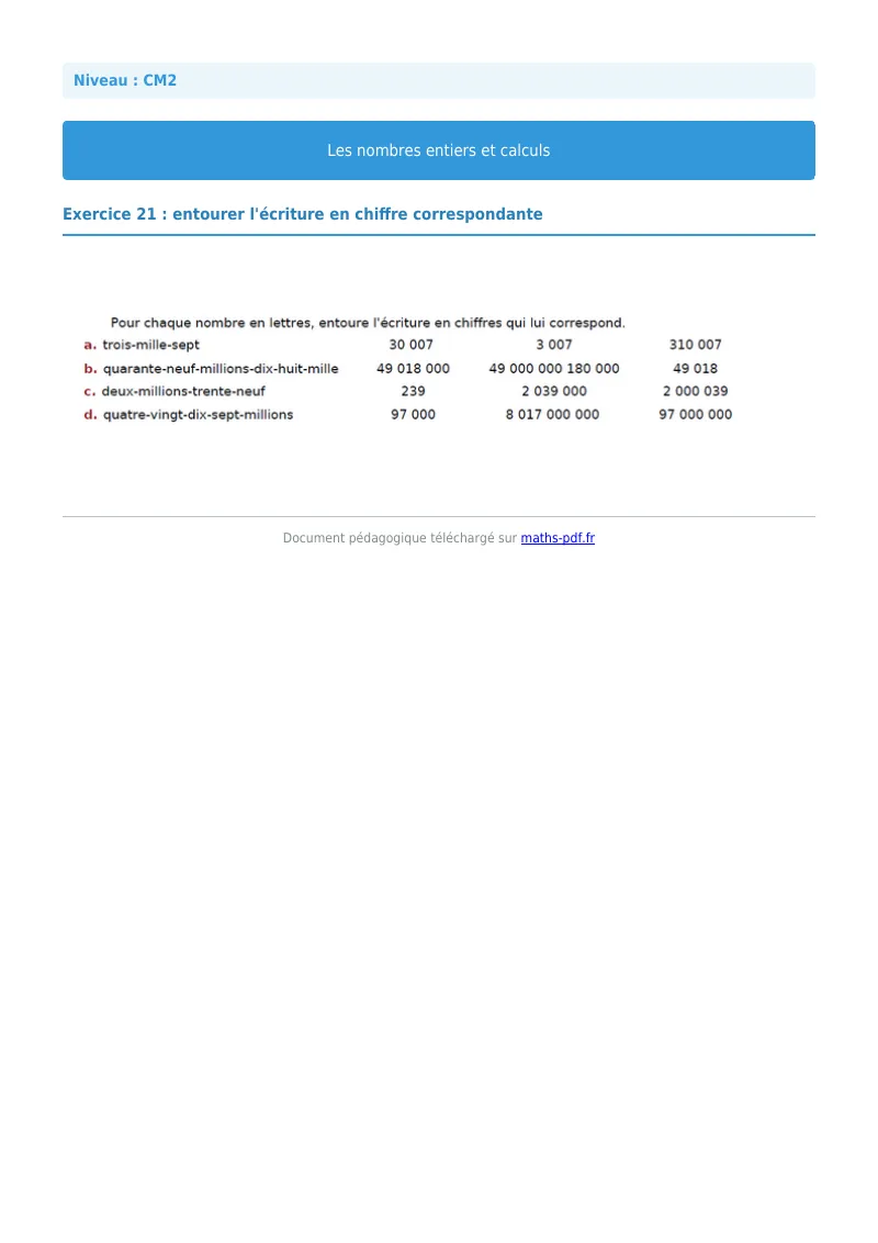 Nombres entiers et calculs : exercice n°21 de maths en CM2 corrigé en PDF