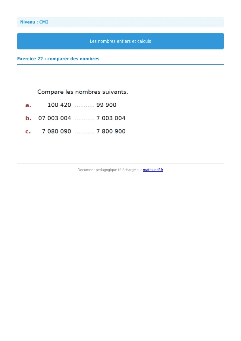Nombres entiers et calculs : exercice n°22 de maths en CM2 corrigé en PDF