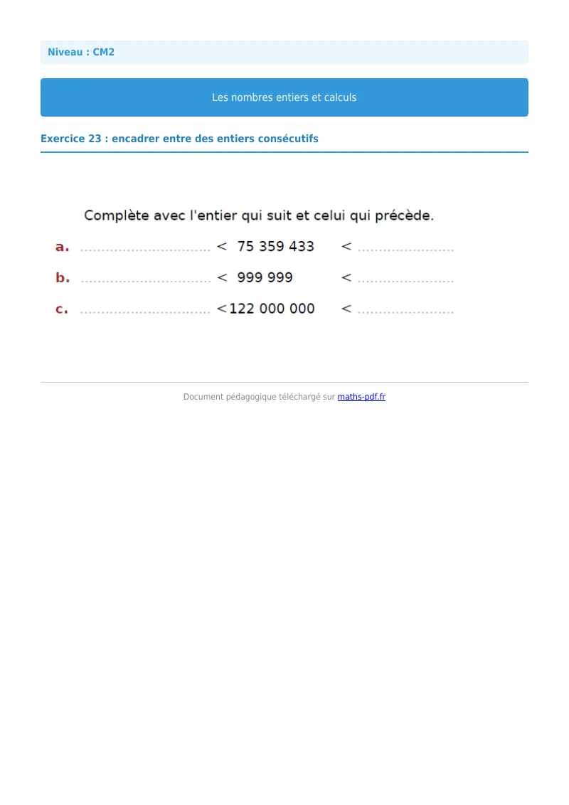 Nombres entiers et calculs : exercice n°23 de maths en CM2 corrigé en PDF