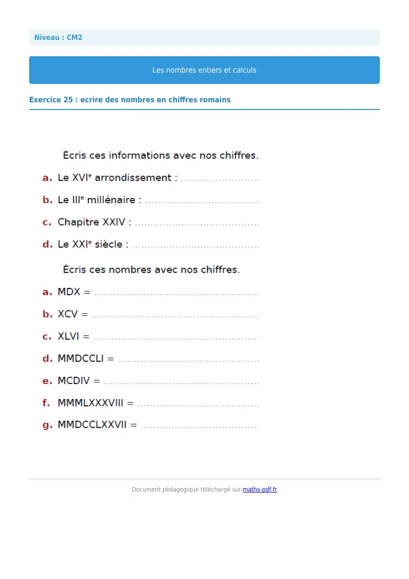 Nombres entiers et calculs : exercice n°25 de maths en CM2 corrigé en PDF