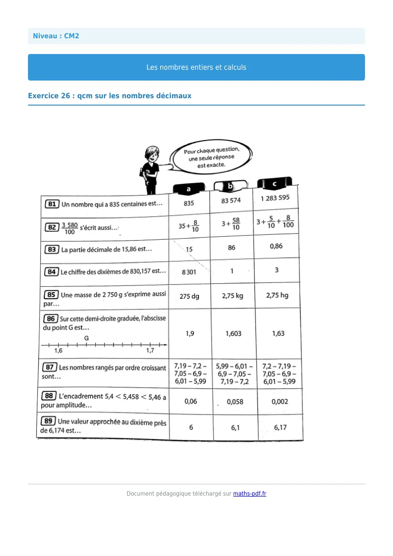 Nombres entiers et calculs : exercice n°26 de maths en CM2 corrigé en PDF