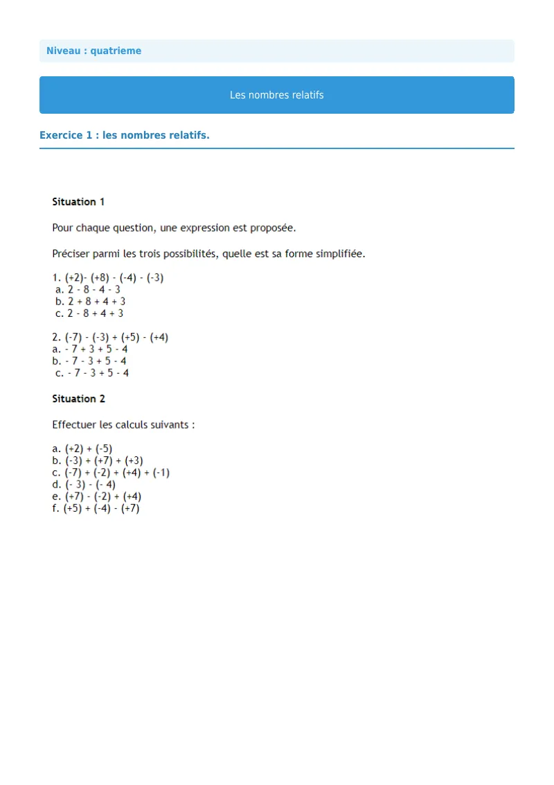 Nombres relatifs : exercice n°1 de maths en 4ème corrigé en PDF