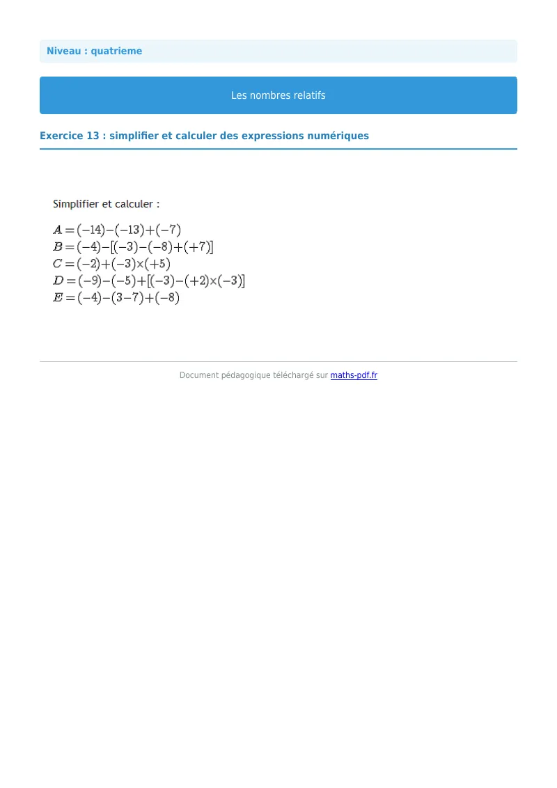 Nombres relatifs : exercice n°13 de maths en 4ème corrigé en PDF