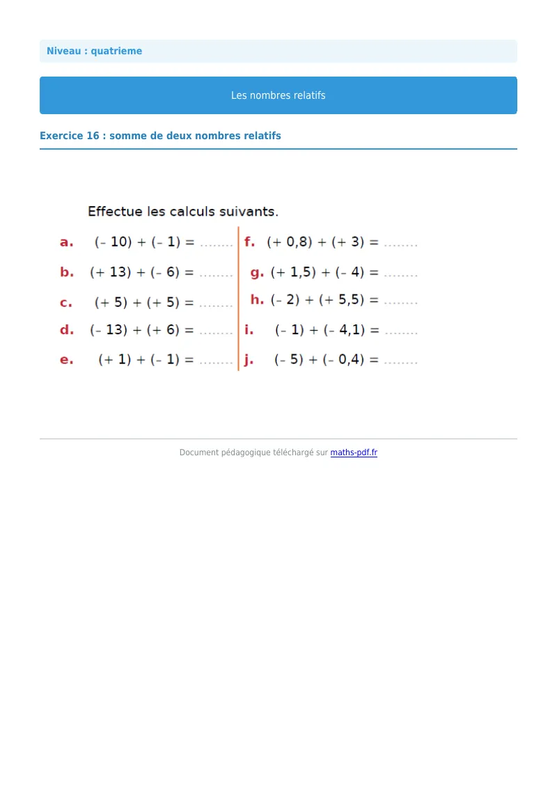 Nombres relatifs : exercice n°16 de maths en 4ème corrigé en PDF