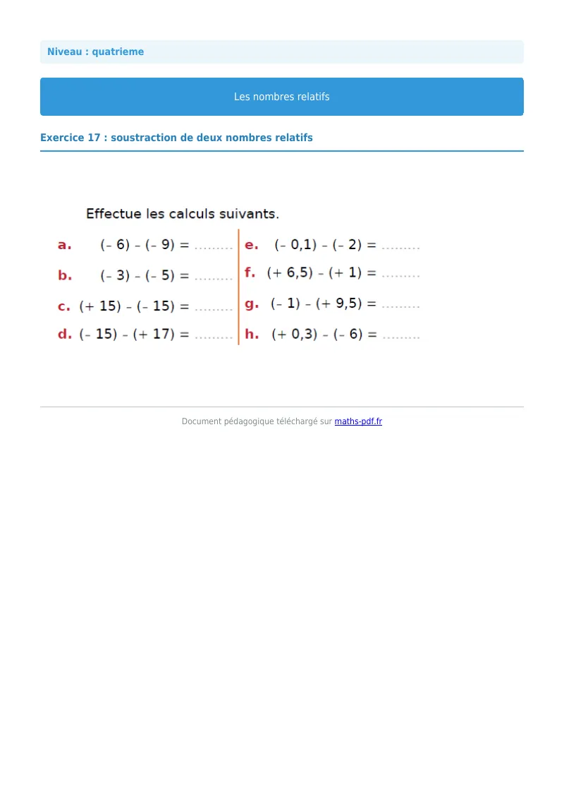 Nombres relatifs : exercice n°17 de maths en 4ème corrigé en PDF