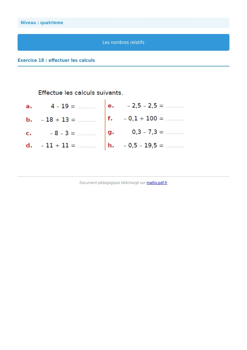 Nombres relatifs : exercice n°18 de maths en 4ème corrigé en PDF