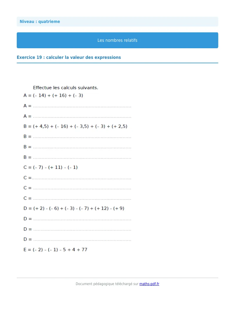 Nombres relatifs : exercice n°19 de maths en 4ème corrigé en PDF