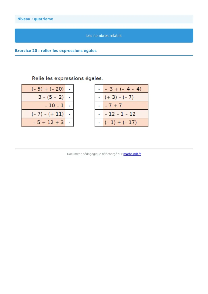 Nombres relatifs : exercice n°20 de maths en 4ème corrigé en PDF