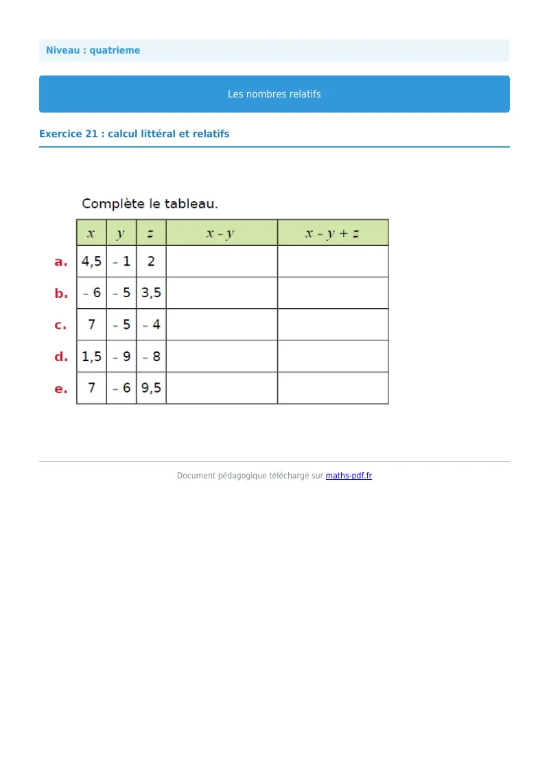 Nombres relatifs : exercice n°21 de maths en 4ème corrigé en PDF