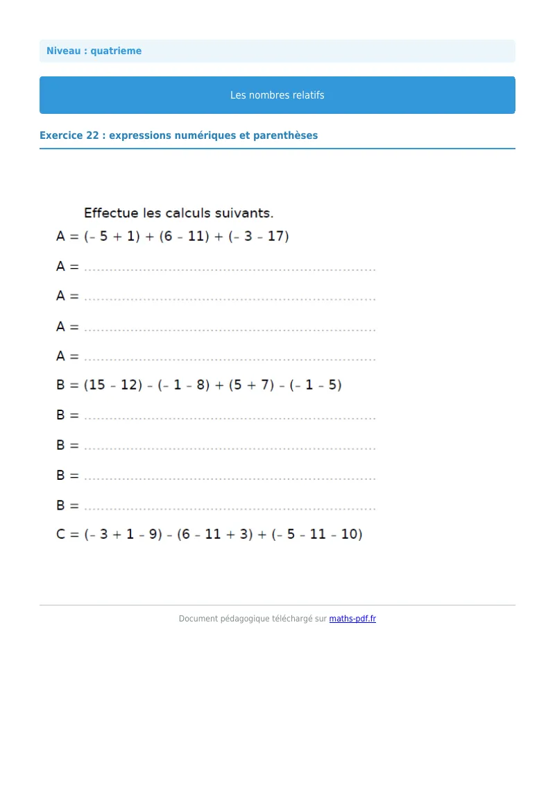 Nombres relatifs : exercice n°22 de maths en 4ème corrigé en PDF