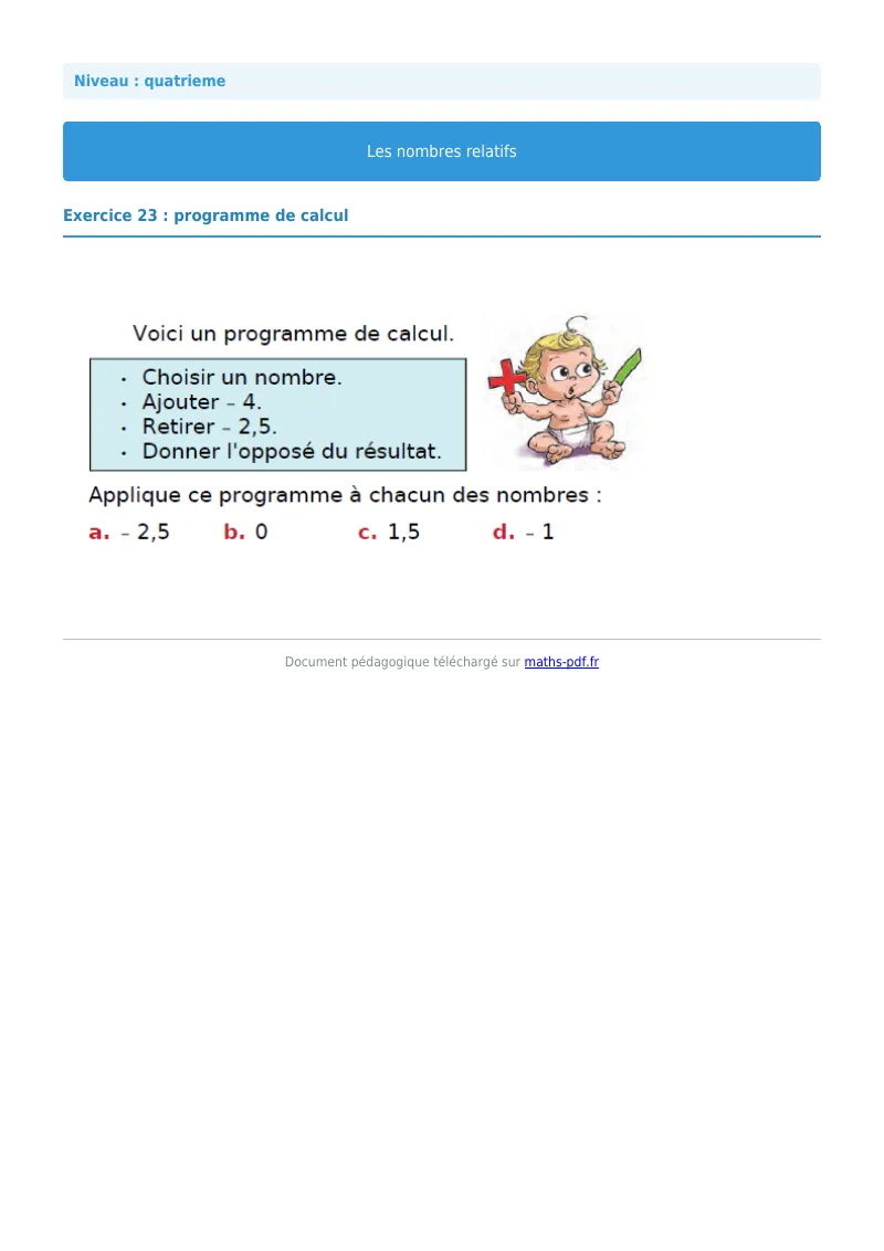 Nombres relatifs : exercice n°23 de maths en 4ème corrigé en PDF
