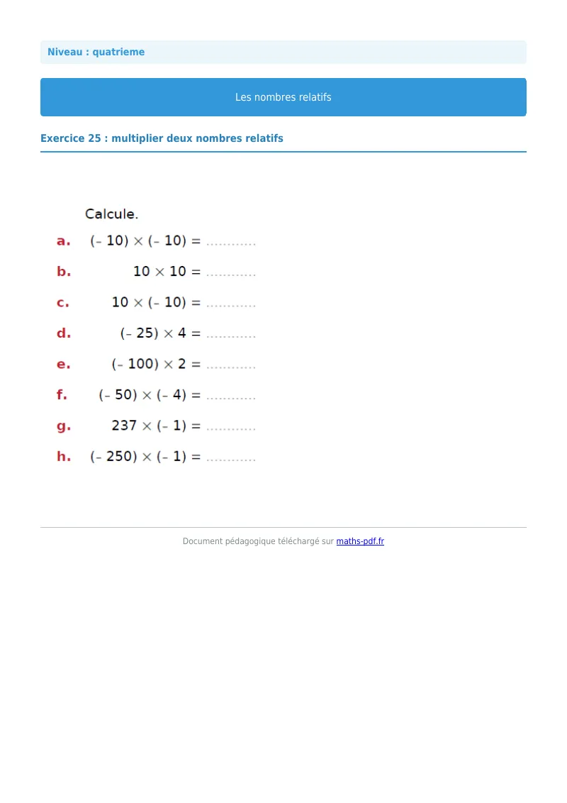 Nombres relatifs : exercice n°25 de maths en 4ème corrigé en PDF
