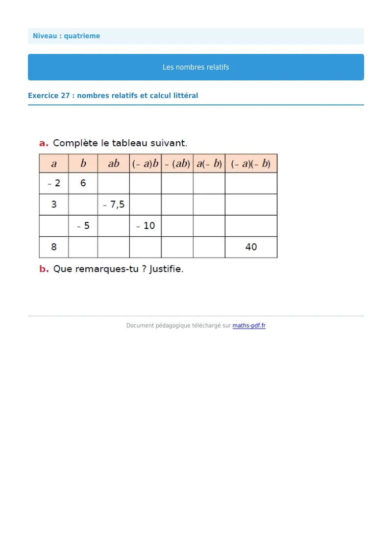 Nombres relatifs : exercice n°27 de maths en 4ème corrigé en PDF