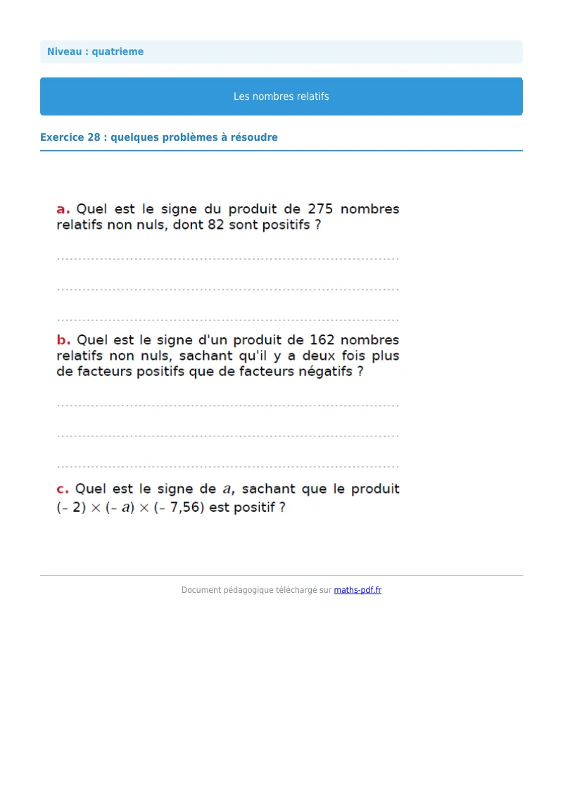 Nombres relatifs : exercice n°28 de maths en 4ème corrigé en PDF