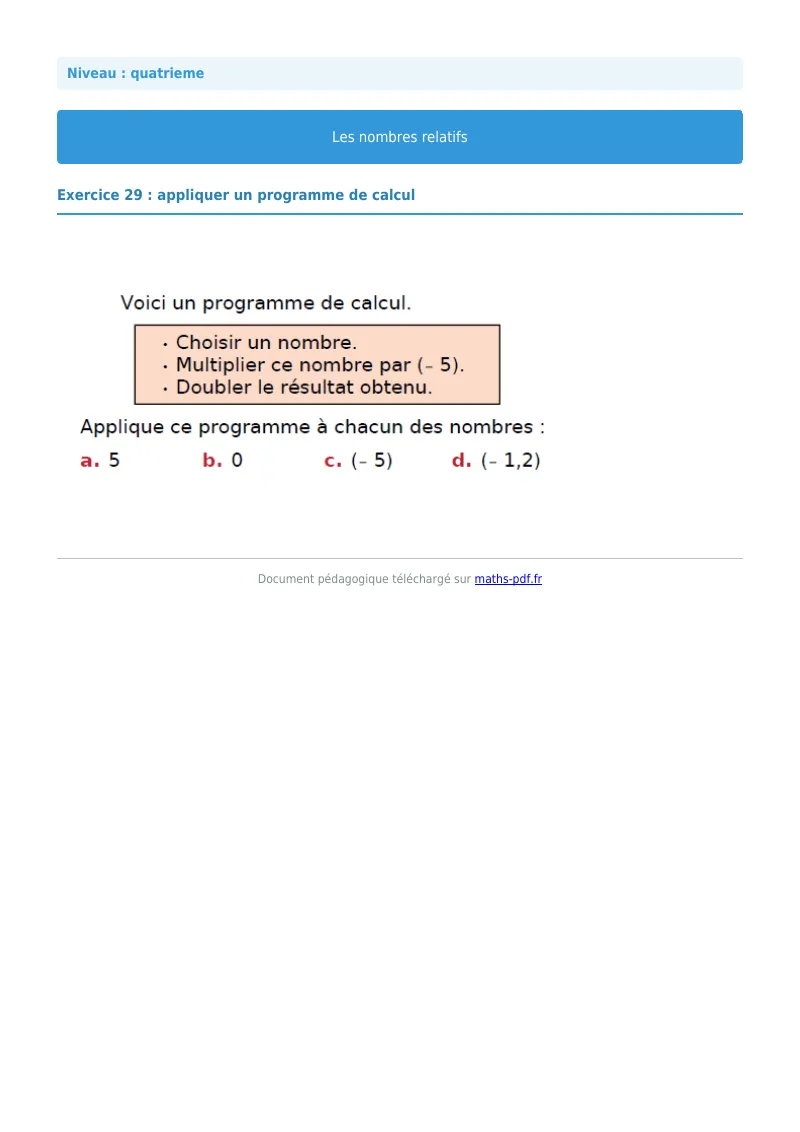 Nombres relatifs : exercice n°29 de maths en 4ème corrigé en PDF