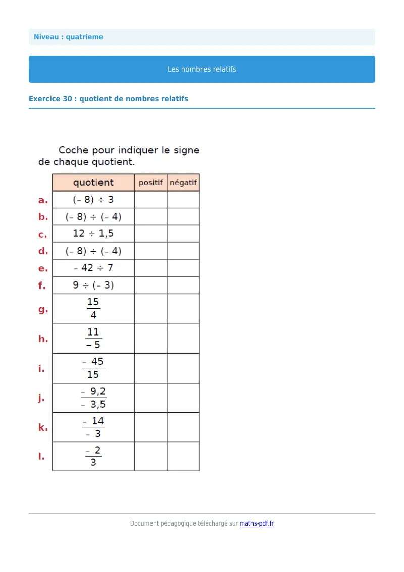 Nombres relatifs : exercice n°30 de maths en 4ème corrigé en PDF