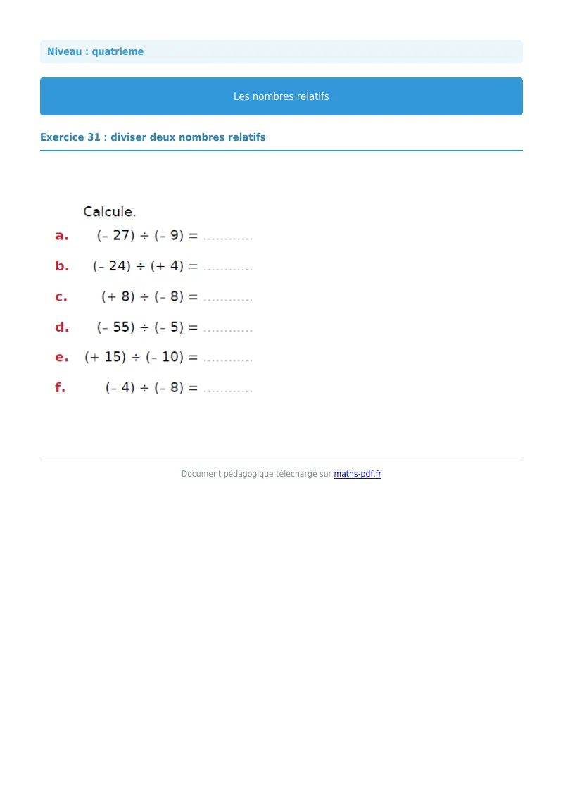 Nombres relatifs : exercice n°31 de maths en 4ème corrigé en PDF