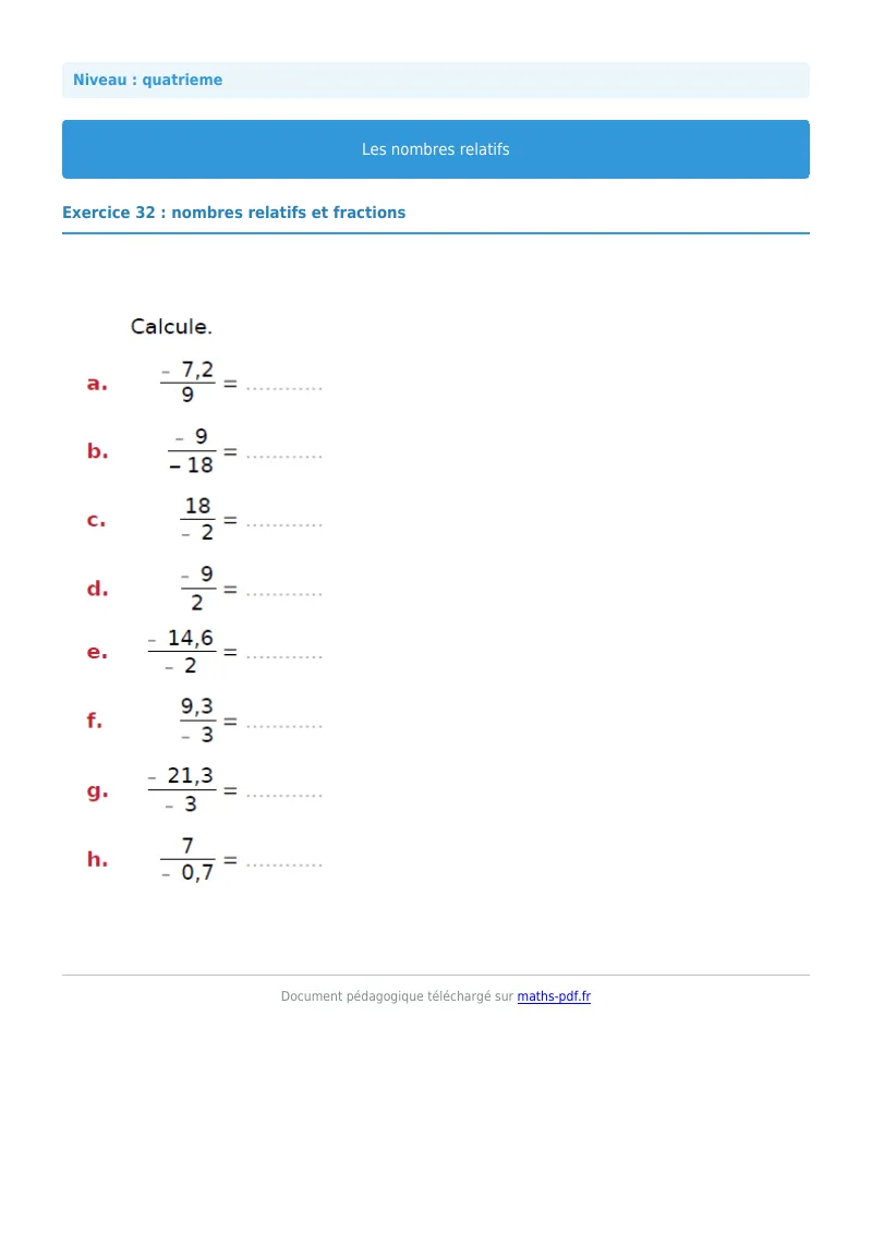 Nombres relatifs : exercice n°32 de maths en 4ème corrigé en PDF